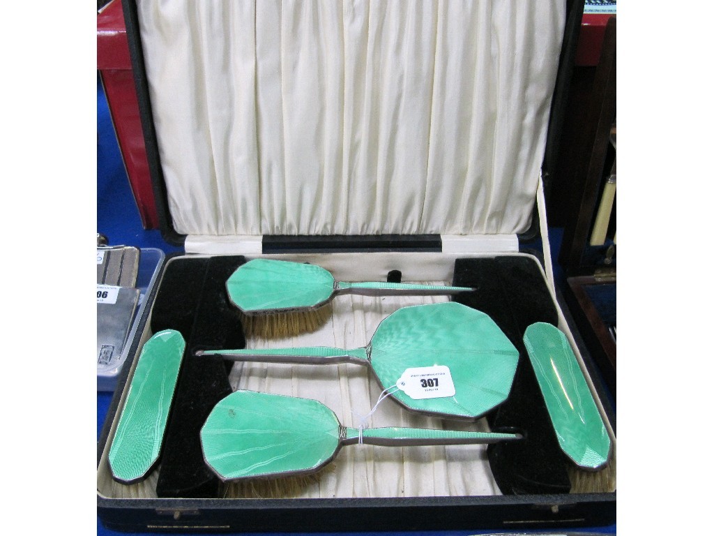 Appraisal: Cased five piece silver and enamel dressing table set Birmingham