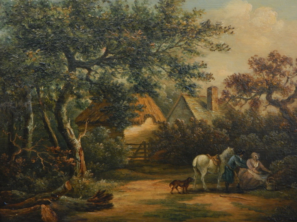 Appraisal: thC British School Horseman maiden and dog on woodland path