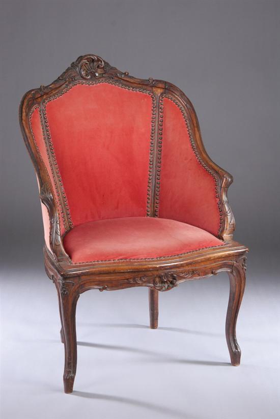 Appraisal: FRENCH LOUIS XV FRUITWOOD BERGERE th century Shell-carved crest encircling