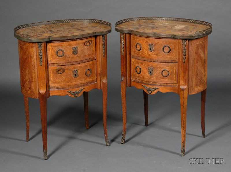 Appraisal: Pair of Louis XV XVI Style Marble-top Tulipwood Two-drawer Side