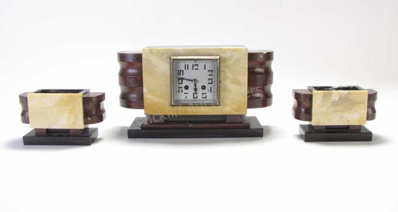 Appraisal: French Art Deco Clock And Garniture Set art deco design