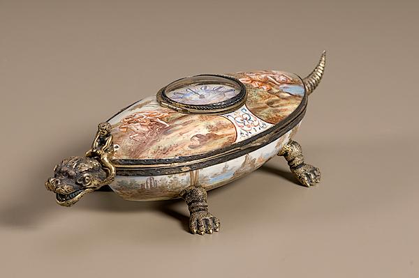 Appraisal: TURTLE BOX CLOCK HAND-PAINTED IN CLASSICAL STYLE Continental th century