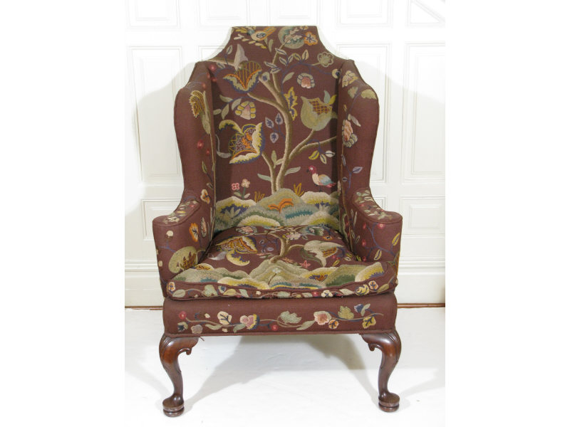 Appraisal: Queen Anne Style Wing Chair early th c mahogany crewel