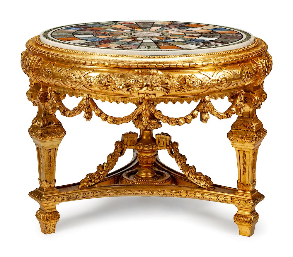 Appraisal: A Louis XVI Style Giltwood and Specimen Marble Center Table