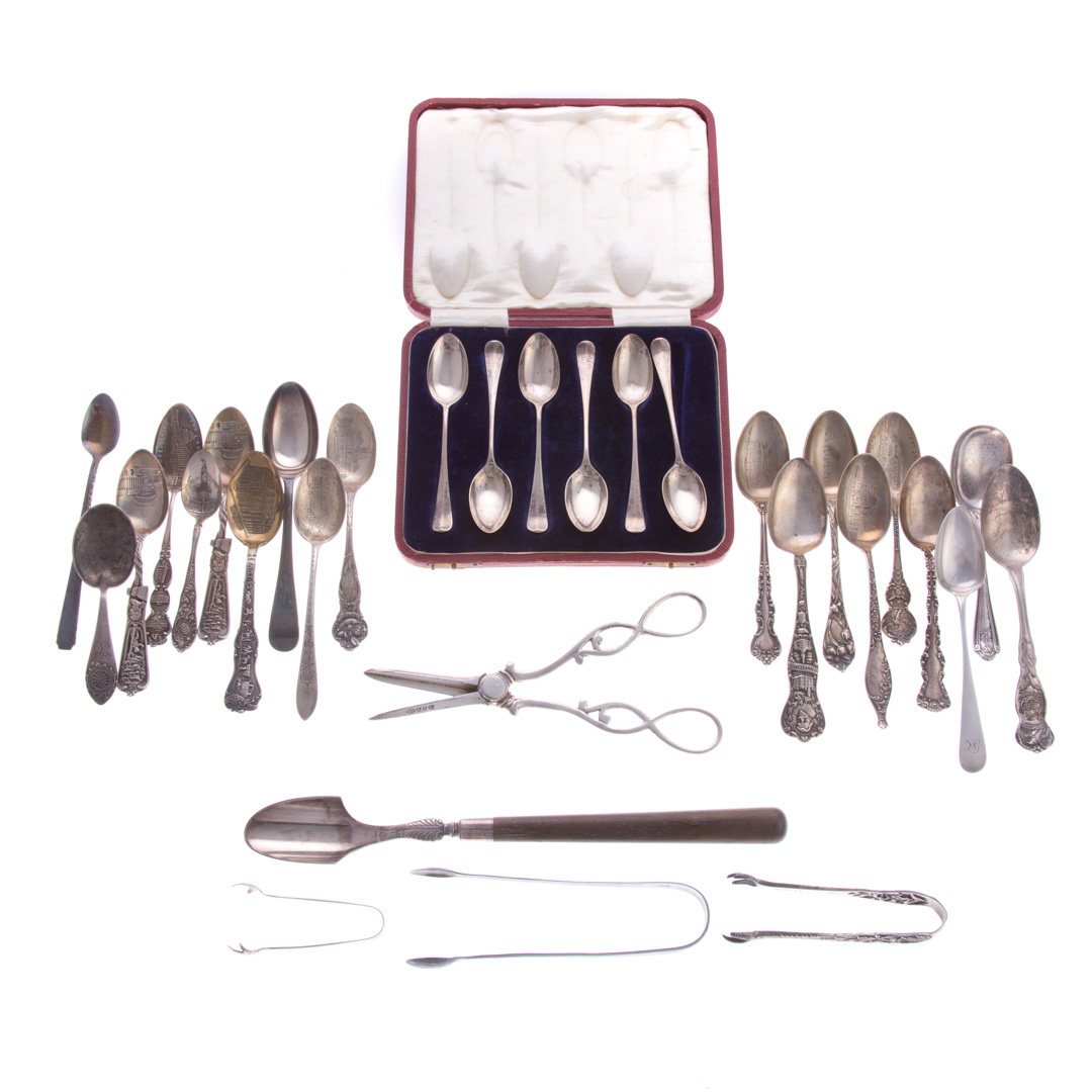 Appraisal: Collection of sterling spoons sugar tongs pieces comprising souvenir spoons