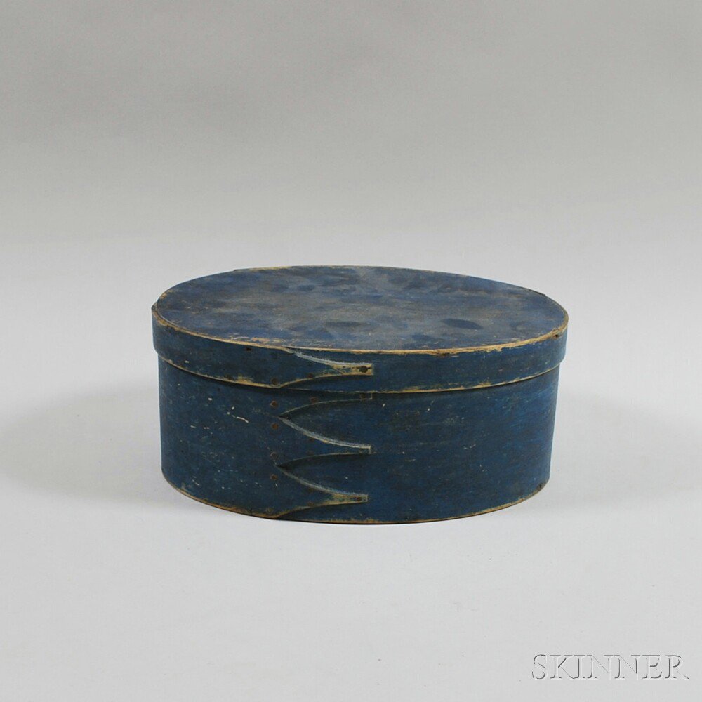 Appraisal: Shaker Blue-painted Oval Covered Box probably New England mid to