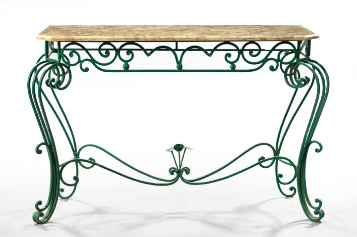 Appraisal: Pair of Mediterranean-Style Wrought-Iron and Marble-Top Console Tables each having