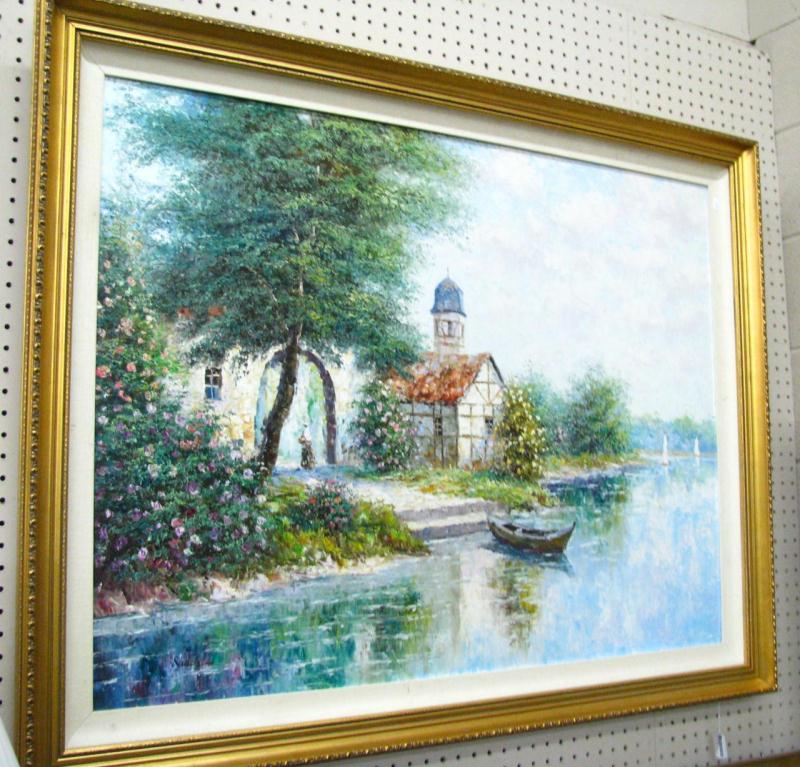 Appraisal: Decorator Oil Painting on Canvas depicting a European lakeside cottage