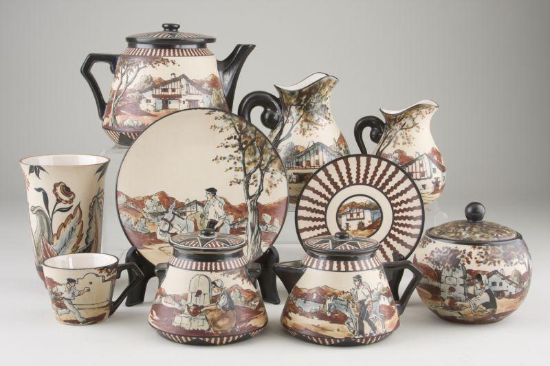 Appraisal: Ciboure Pottery Tea Set French circa s each piece hand-painted