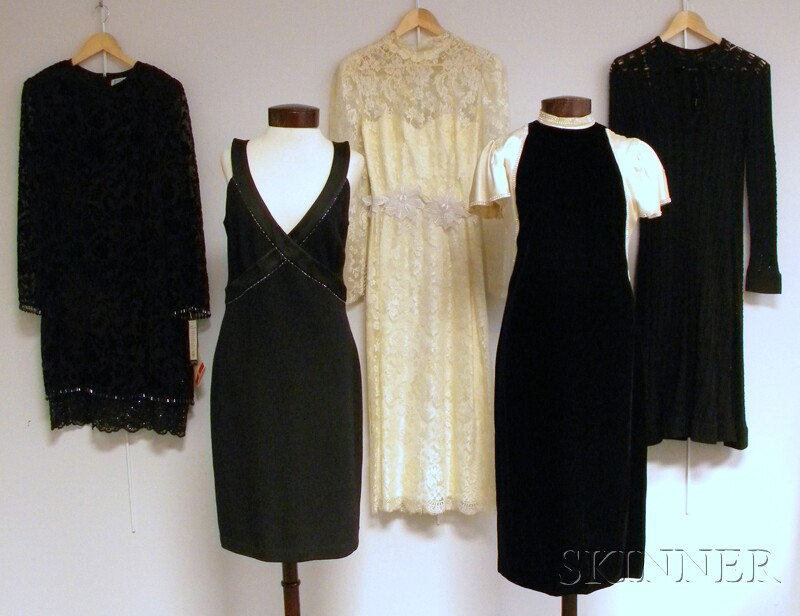 Appraisal: Five Vintage Dresses a black wool St John with beaded