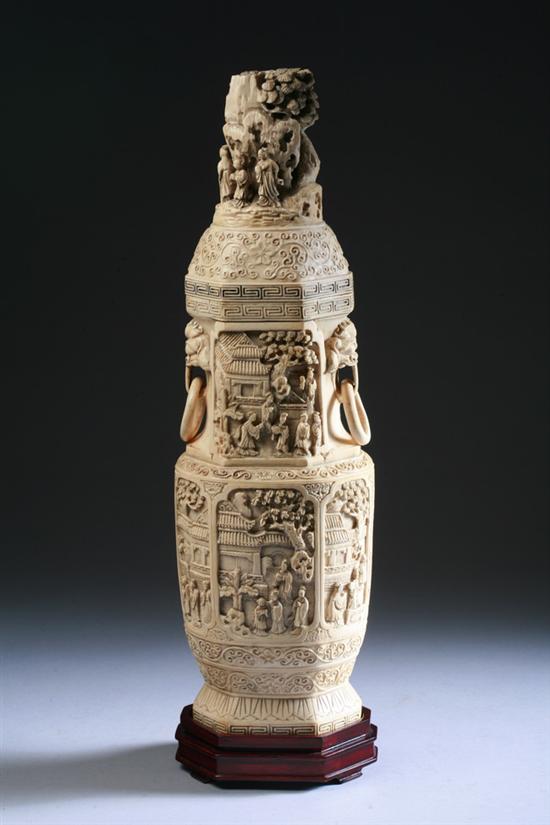 Appraisal: LARGE CHINESE IVORY VASE AND COVER late Qing Early Republic