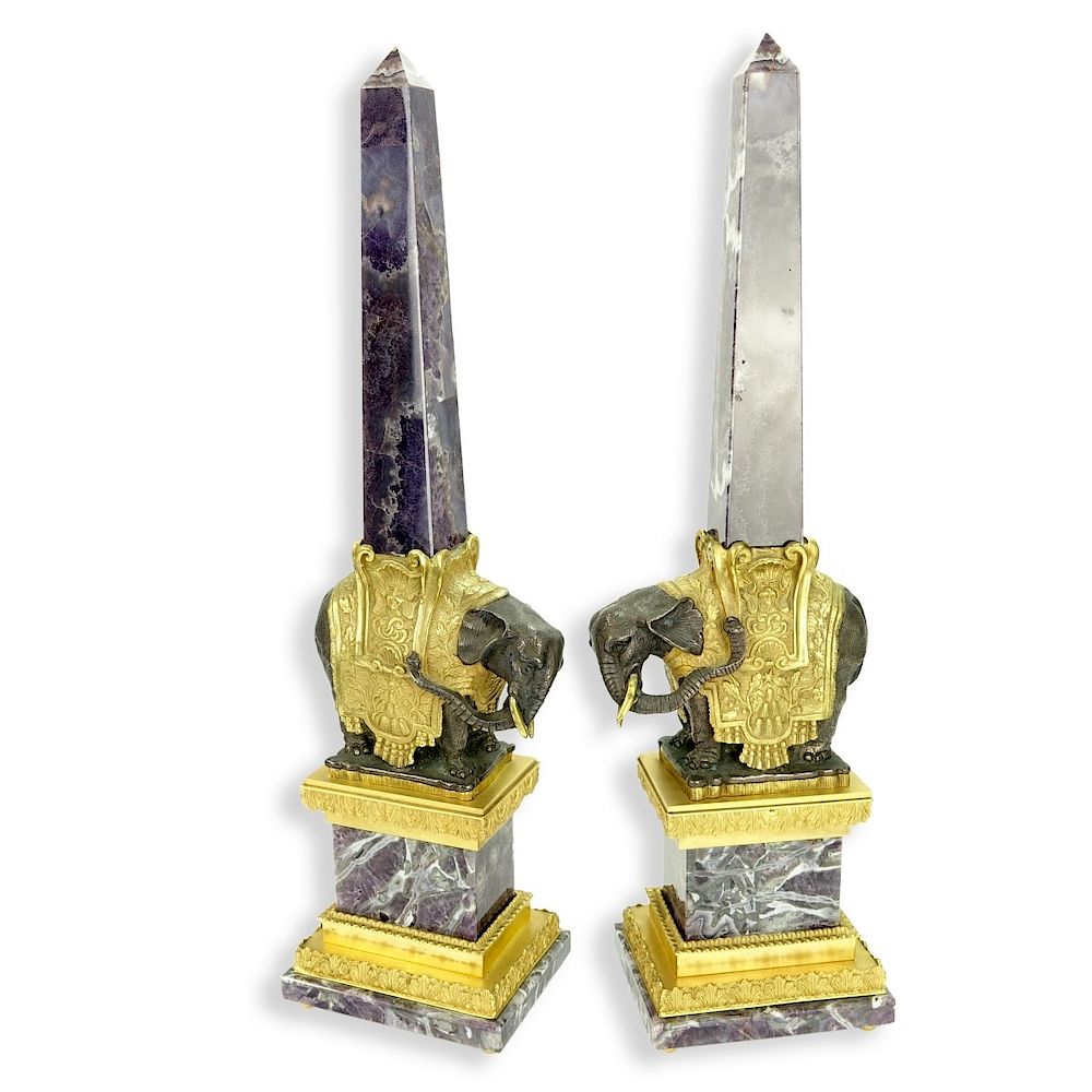 Appraisal: Pair Elephant Obelisks Pair of Modern Marble Obelisks on Gilt