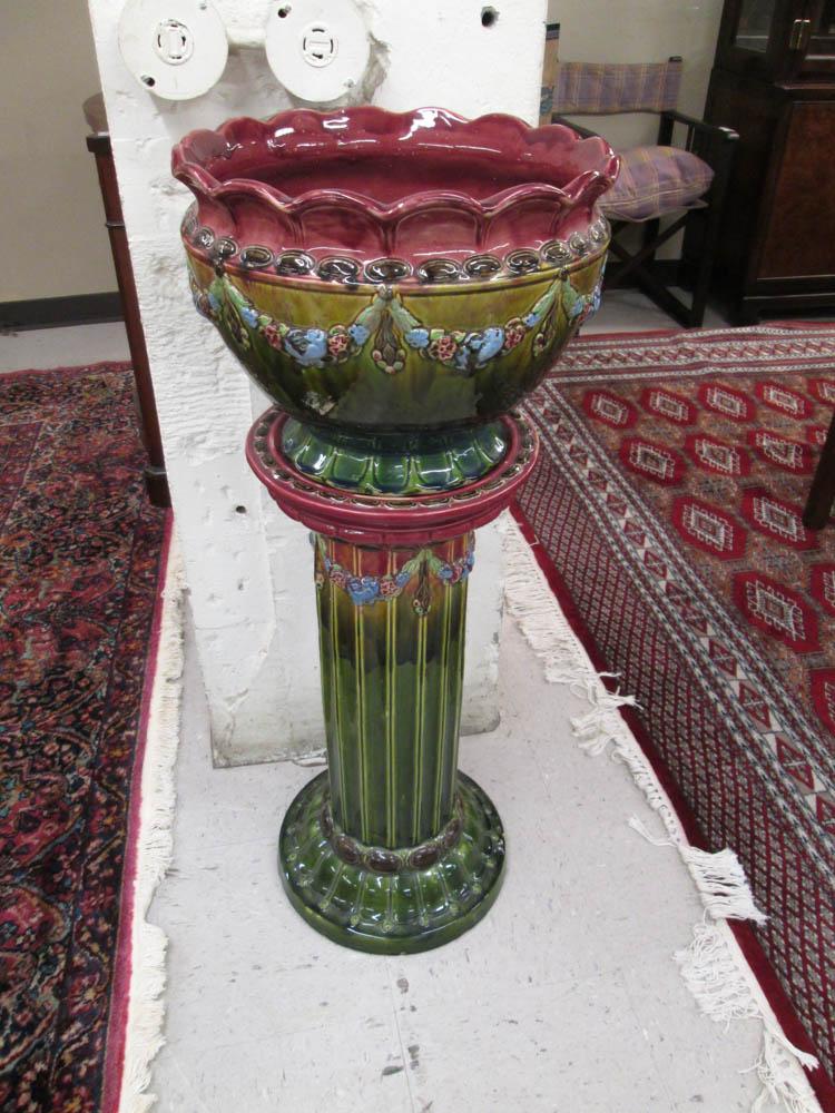 Appraisal: AMERICAN POTTERY JARDINIERE WITH PEDESTAL the jardiniere glazed in a