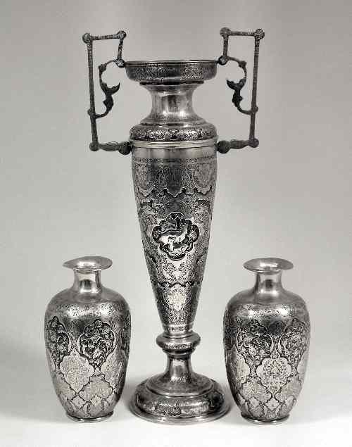 Appraisal: A near Eastern embossed and engraved silvery metal and niello