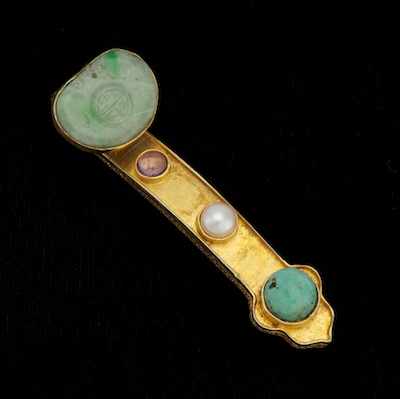 Appraisal: A Chinese Vermeil Ruyi Brooch with Jade Pearl and Amethyst