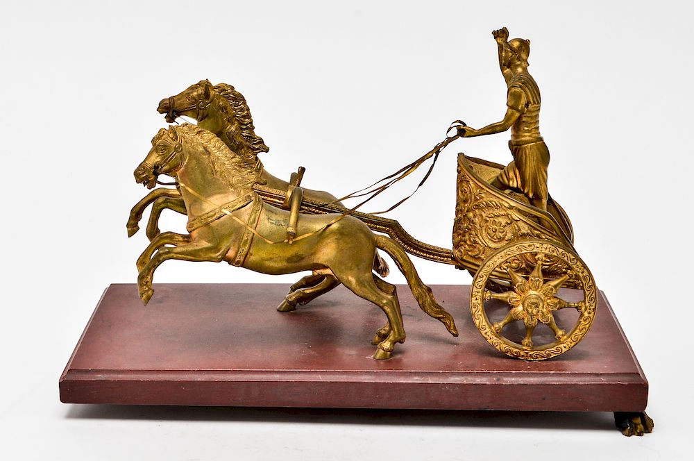 Appraisal: Neoclassical Man on Chariot Bronze Sculpture Neoclassical bronze sculpture depicting