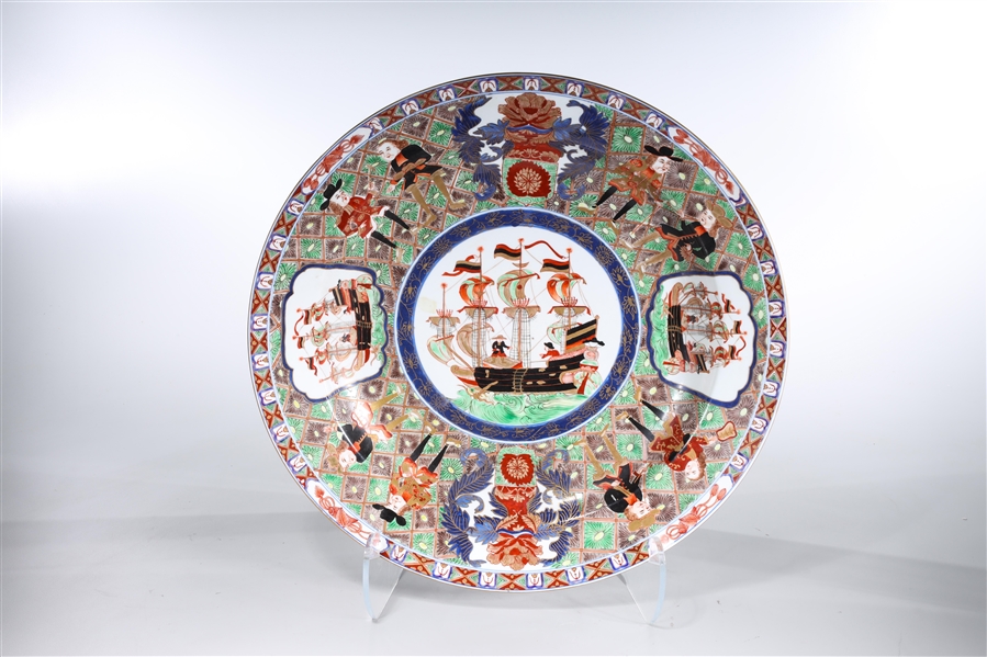 Appraisal: Chinese enameled porcelain charger with Western-themed scenes of ships at