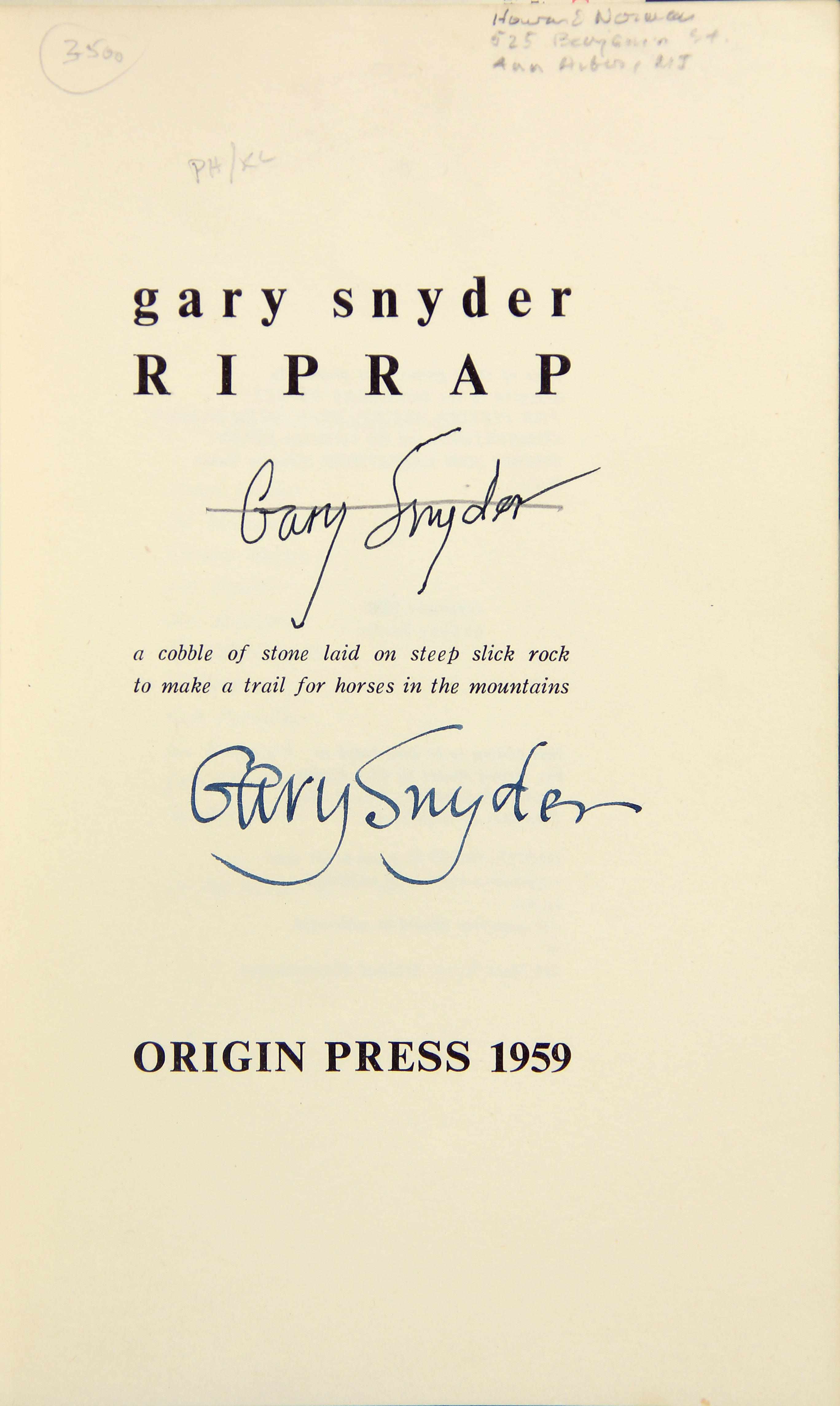 Appraisal: SNYDER GARY B Riprap Ashland MA Origin Press Original blue