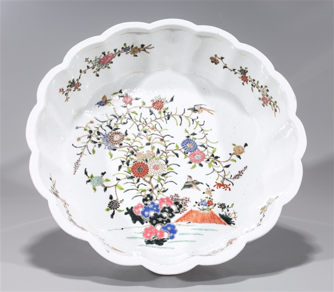 Appraisal: Chinese famille rose enameled porcelain basin with bird and floral