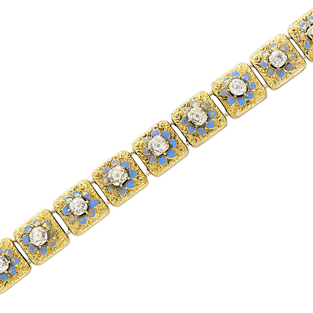 Appraisal: Antique Gold Diamond and Periwinkle Enamel Bracelet old-mine cut diamonds