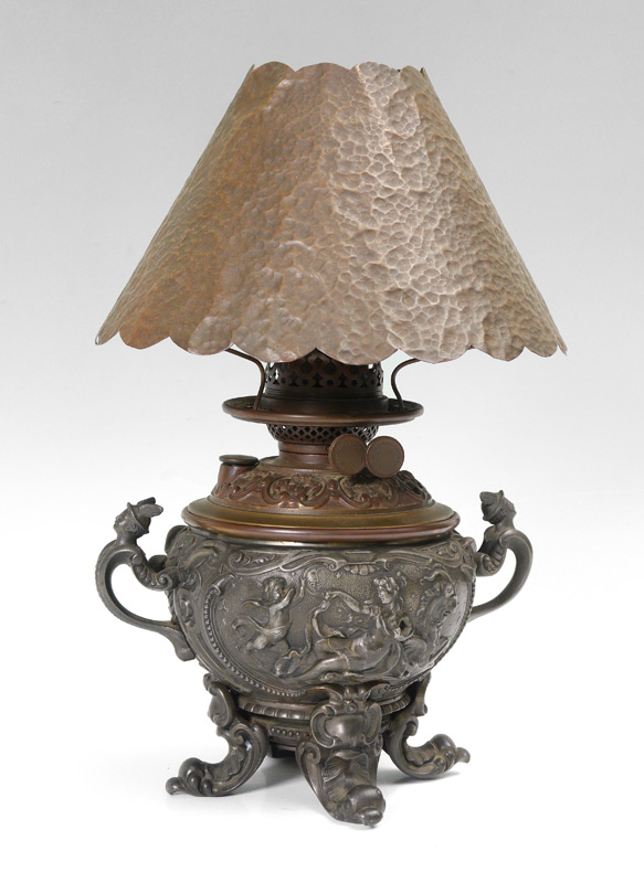 Appraisal: HOLLINGS CO DUPLEX BURNER EMBOSSED OIL LAMP Base with neo-classical