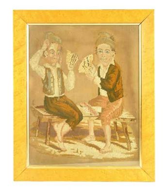 Appraisal: An embroidered picture of two men playing cards sat on