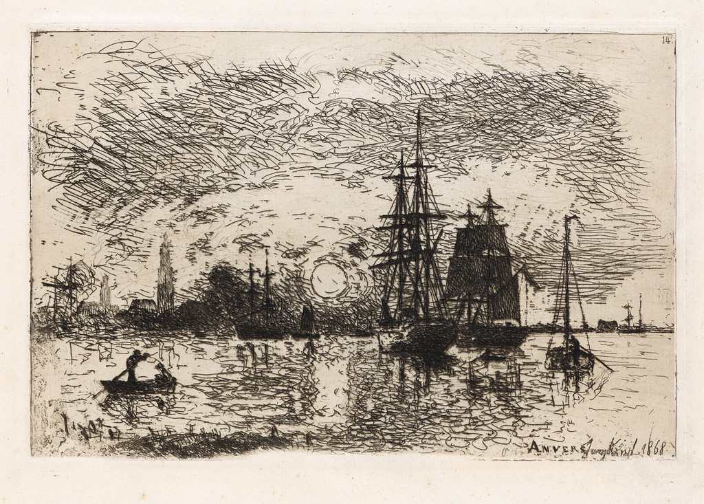 Appraisal: JOHAN BARTHOLD JONGKIND Soleil Couchant Port d'Anvers Etching on cream