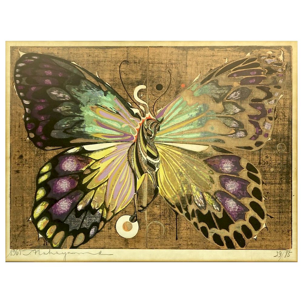 Appraisal: Tadashi Nakayama Woodblock Tadashi Nakayama Japanese b Woodblock Rising Butterfly