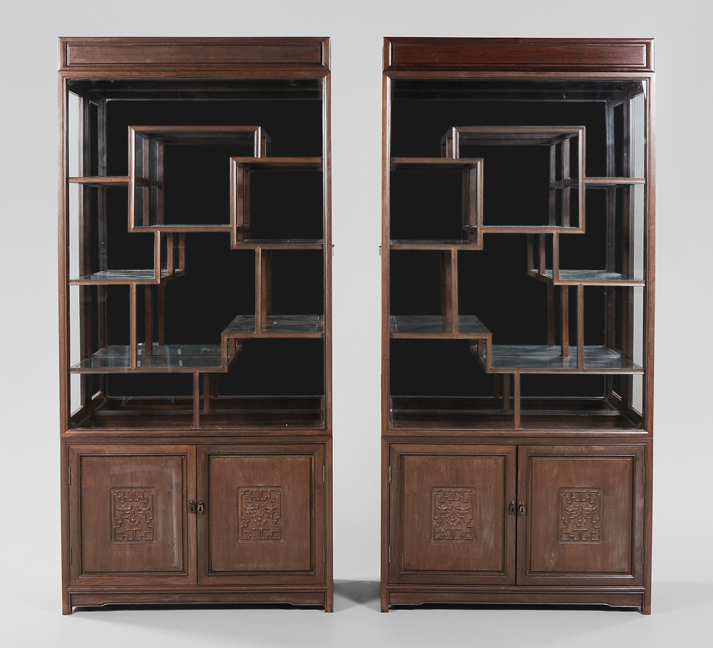 Appraisal: Pair Ming Style Carved Mahogany Cabinets Chinese th century each