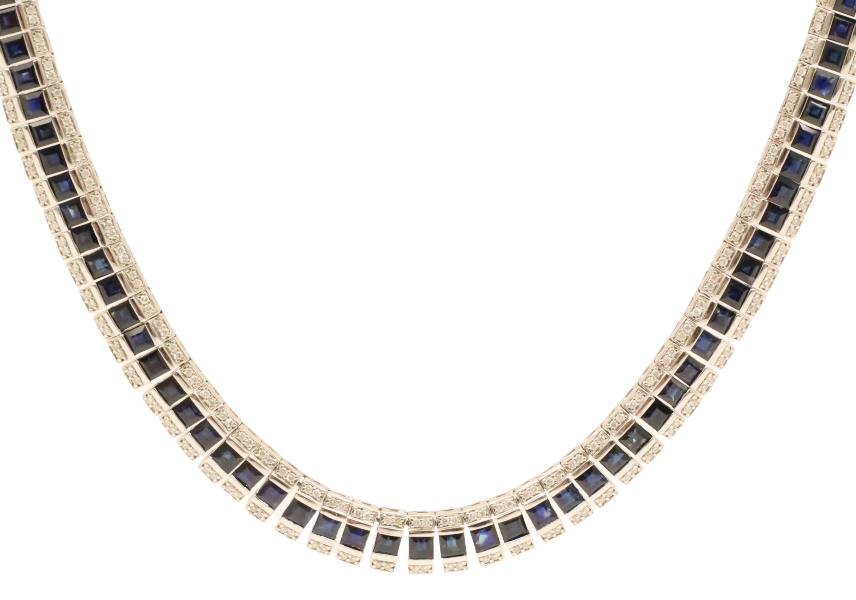 Appraisal: K white gold sapphire and diamond necklace having channel set