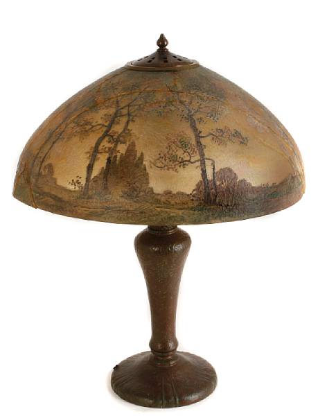 Appraisal: A Handel interior painted glass and patinated-metal lamp early th