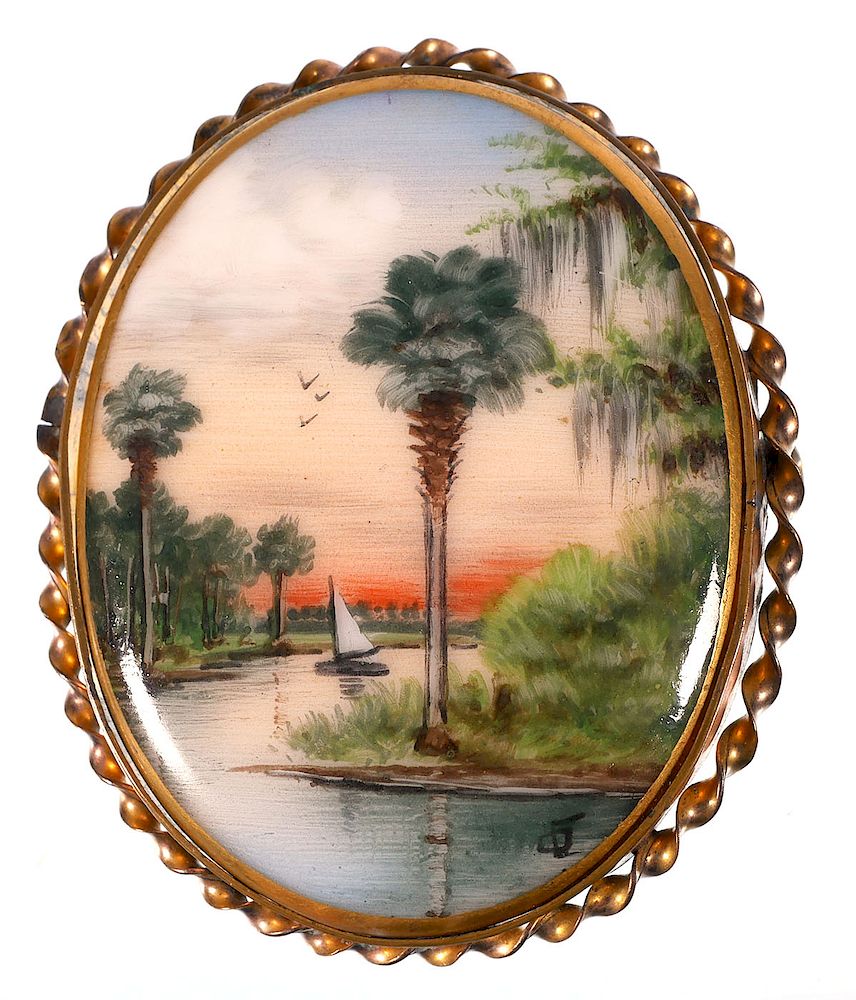 Appraisal: OLIVE COMMONS Cameona Florida scene painted on porcelain -- called