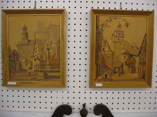 Appraisal: Pair of German Marquetry Plaques scenes of Rothenburg '' x