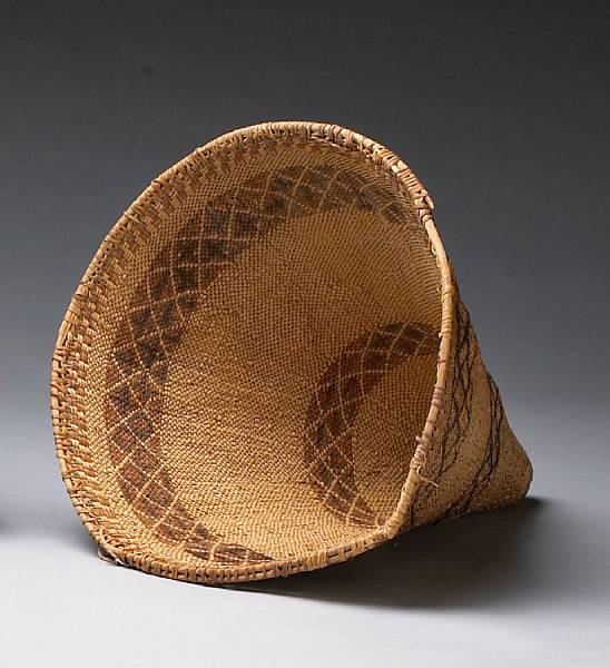 Appraisal: A Paiute burden basket The cone-shaped container with a pair