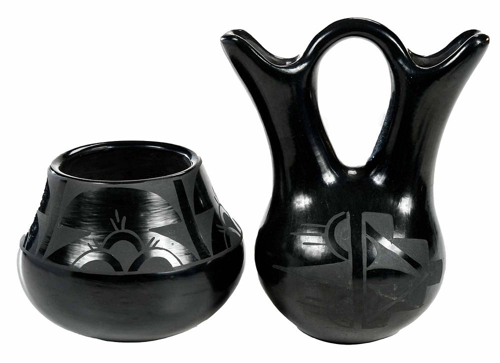 Appraisal: Two Pieces Santa Clara Blackware both th century double necked