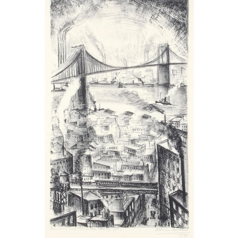 Appraisal: ADRIAAN LUBBERS DUTCH-AMERICAN - EAST SIDE WITH MANHATTAN BRIDGE LITHOGRAPH