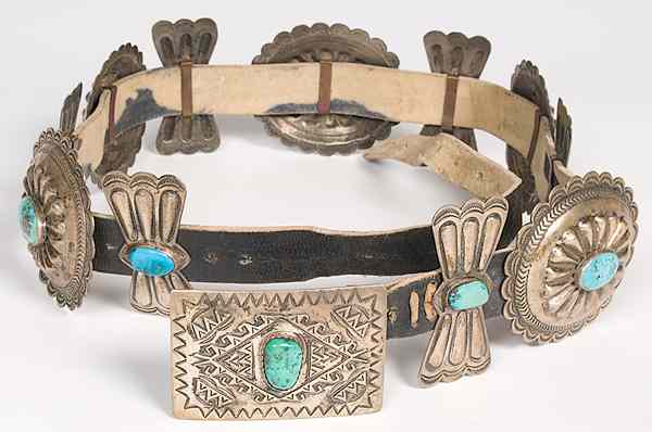 Appraisal: Navajo Concha Belt with Turquoise handmade silver concha belt with