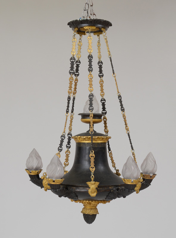 Appraisal: EMPIRE STYLE PATINATED GILT-BRONZE AND METAL SIX-LIGHT CHANDELIER Of oil