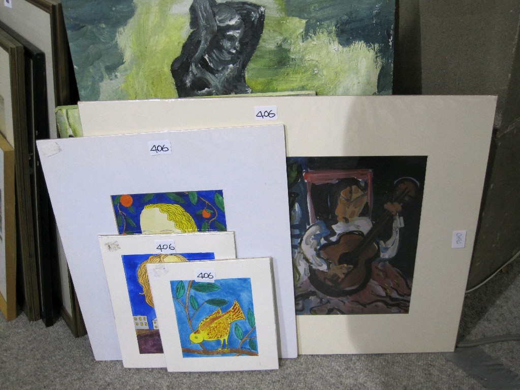 Appraisal: Lot comprising three watercolours a gouache and two oils by