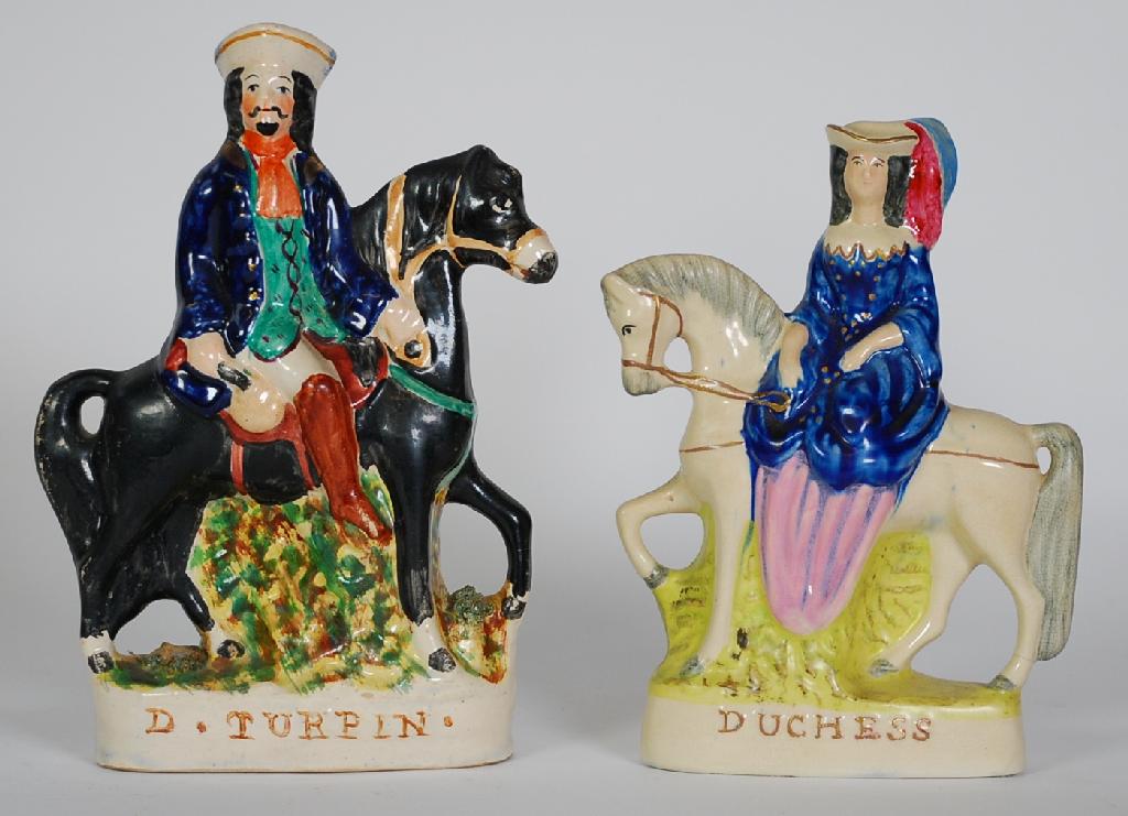 Appraisal: TWO STAFFORDSHIRE FLAT BACK POTTERY EQUESTRIAN FIGURES 'D Turpin' and