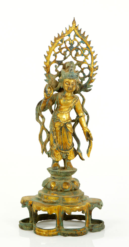 Appraisal: - Chinese Gilt Buddha Chinese Buddha gilt metal with inscription