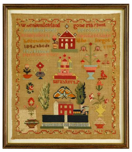 Appraisal: Woolworked needlework samplerwrought by sarah kurtz probably pennsylvania