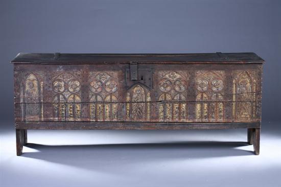 Appraisal: BELGIAN RENAISSANCE CARVED AND PAINTED SEVEN-PANEL COFFER Circa Molded-edge hinged