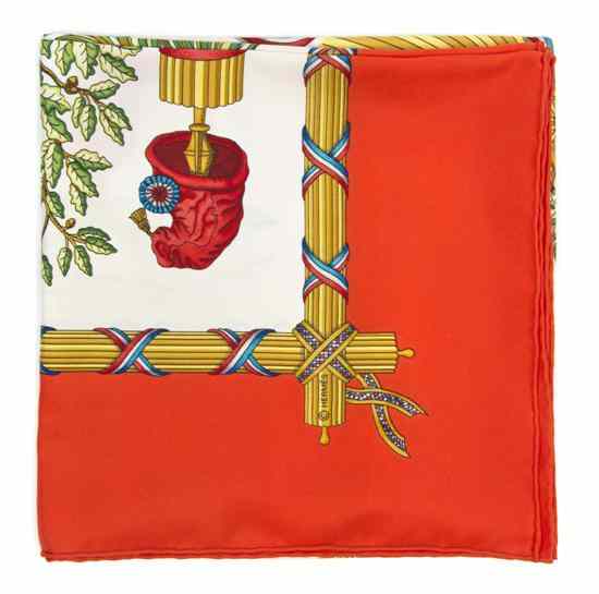 Appraisal: An Hermes Silk Scarf in a 'Republique Francaise' motif Labeled