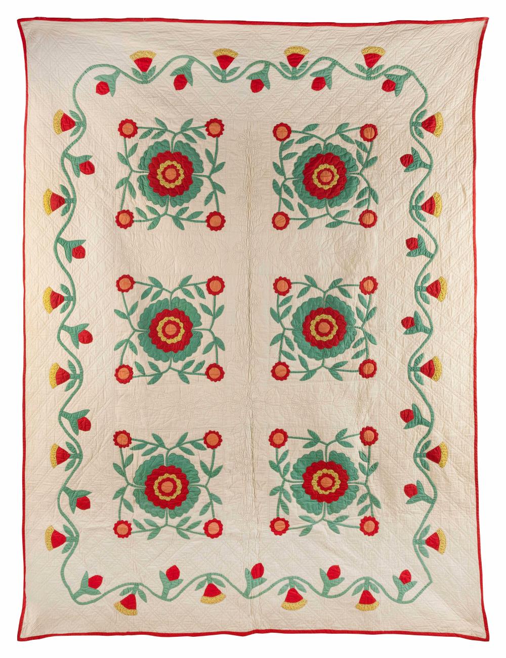 Appraisal: MENNONITE APPLIQUED QUILT Circa Red and green sunflower design on