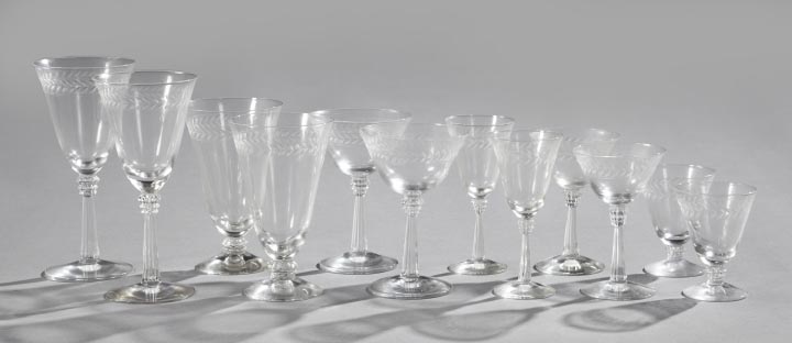 Appraisal: Ninety-One-Piece American Leaf Band Engraved Glass Partial Stemware Service second