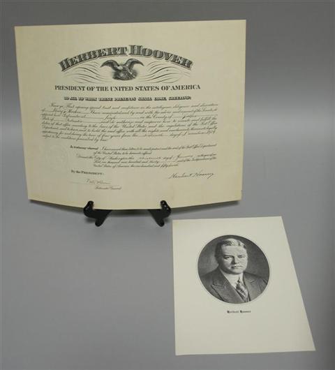 Appraisal: HERBERT HOOVER PRESIDENTIAL DOCUMENT Presidential appointment document partially printed on