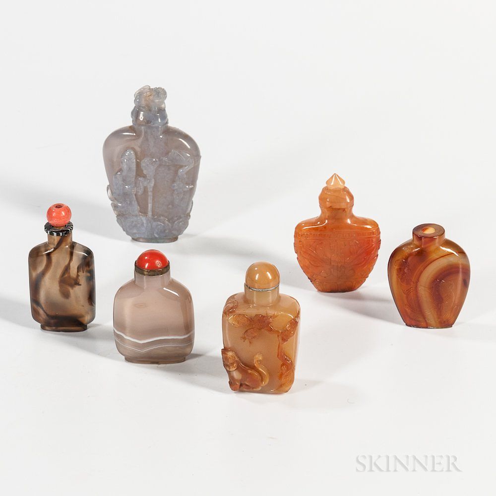 Appraisal: Six Agate Snuff Bottles Six Agate Snuff Bottles China th