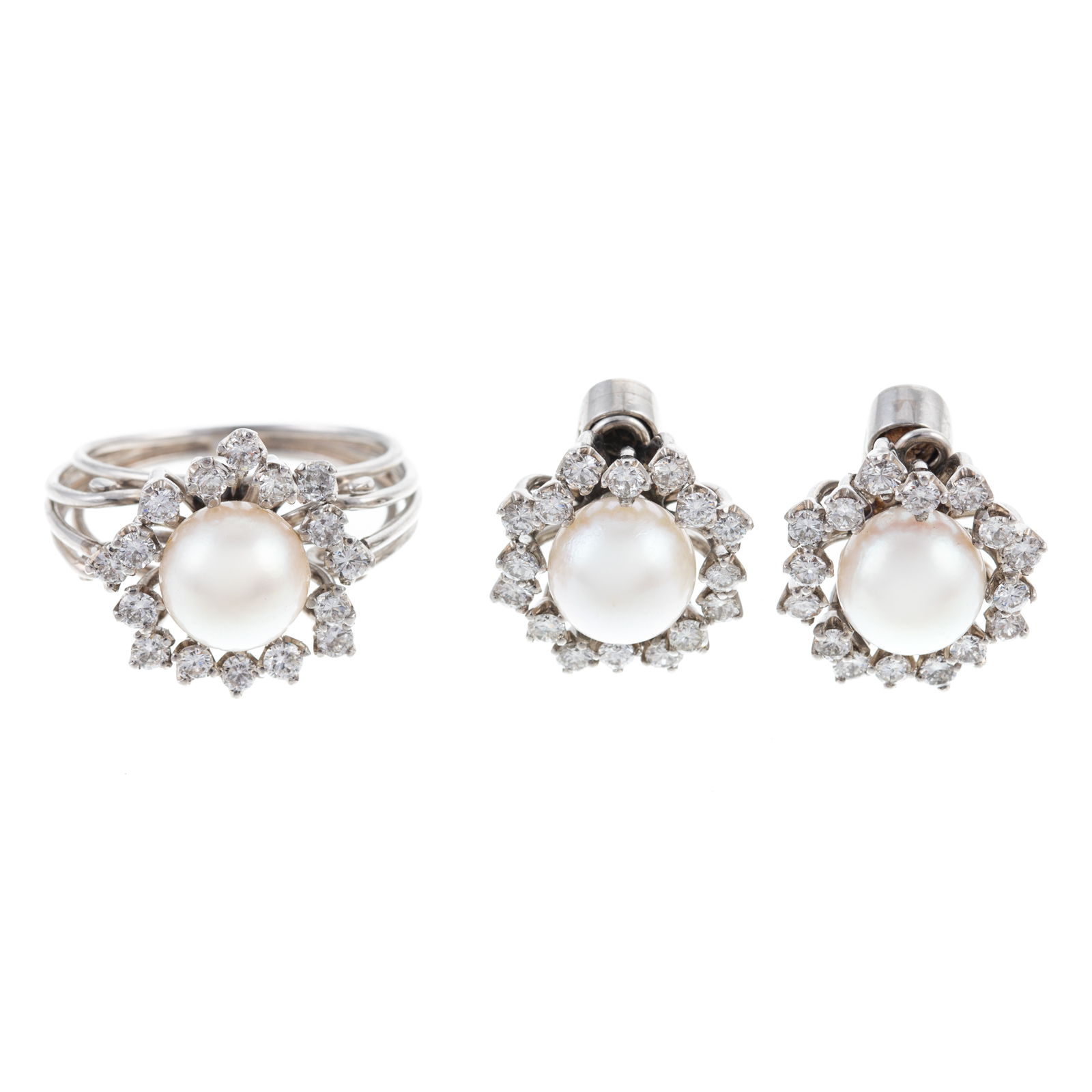 Appraisal: VINTAGE PEARL DIAMOND RING EARRINGS IN PLAT Platinum ring and