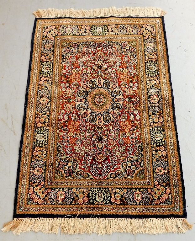 Appraisal: Silk Red and Blue Flower Medallion Prayer Rug Silk Red